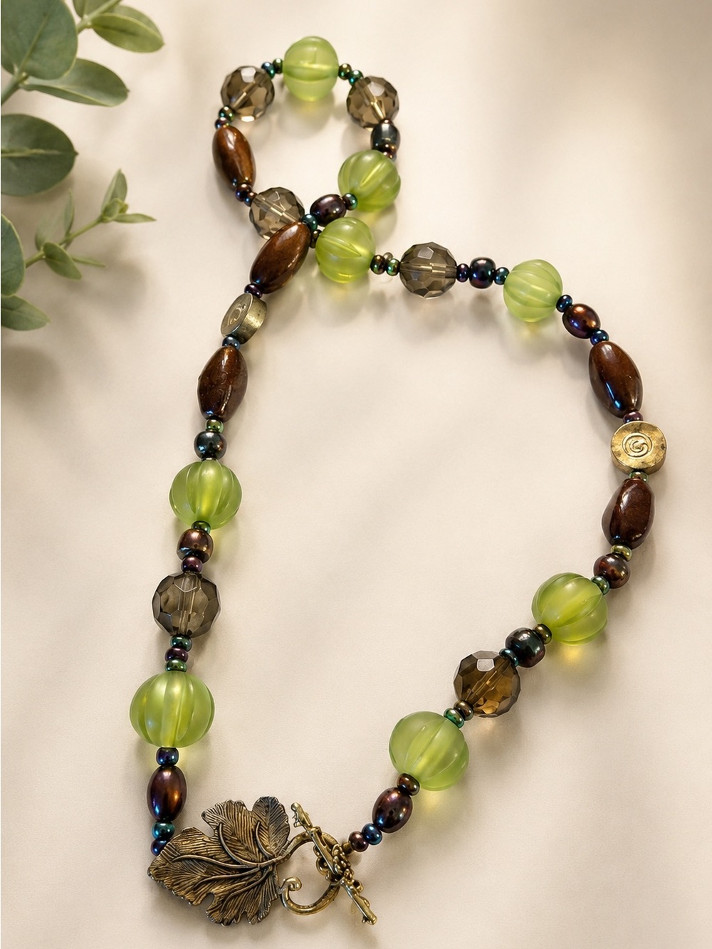 Handcrafted Green and Brown Beaded Women’s Necklace - Unbranded
